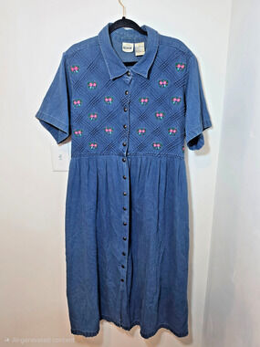 JR Bentley Plus Vintage Denim Dress Size 22 Floral Embroidered Short Sleeve